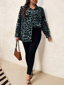 Chikora Plus Size Women Casual Leopard Print Button Down Long Sleeve Shirt Plus Size Leopard Print Shirt - Teal Blue - View 5
