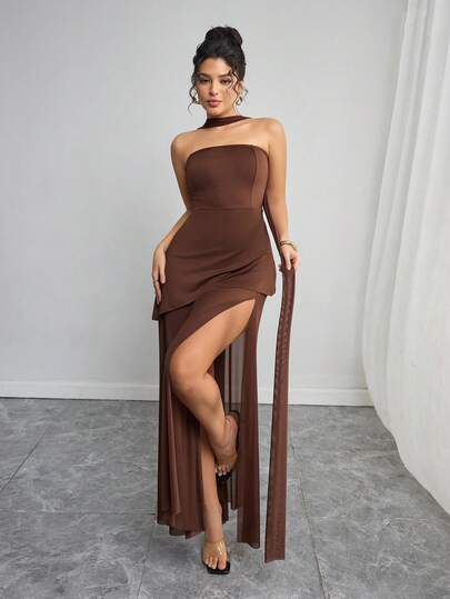 Y2K 女士时尚纯色不对称高开衩网眼透视连衣裙