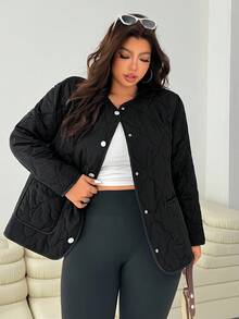 Solflare Plus Size Women Casual Diamond Pattern Warm Single-Breasted Thick Winter Jacket Plus Size Quilted Jacket Black Quilted Jacket Fall Autumn - Black - View 5