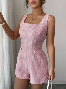 Elenzga 女士粉色粗花呢纹理面料小格子方领无袖双排扣金属纽扣装饰腰部收紧连体裤，优雅精致，适合感恩节和万圣节 - 粉色 - 查看 5