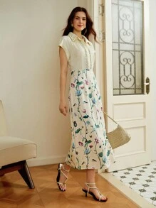 Omancia New Autumn Elegant Silk Linen Nail Beads Rhinestone Lapel Shoulder Short Sleeve Shirt Print Hip-Wrapped Dress Suitable For Festivals, Back To School, Teacher's Dress, Halloween, Thanksgiving - Yellow - View 6