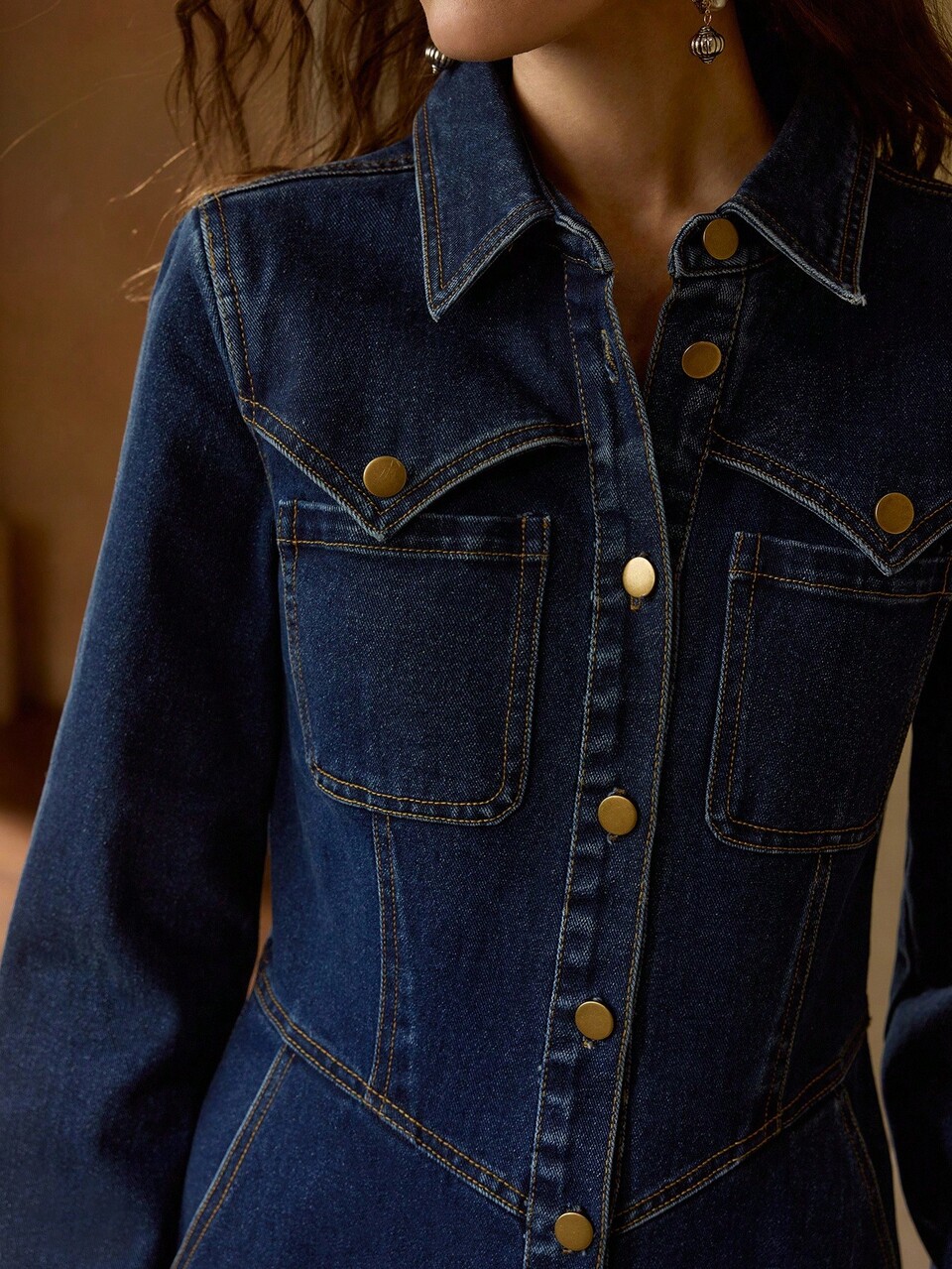 BUTTON UP SLANT POCKET DENIM DRESS