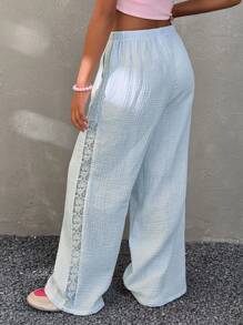 Coolane Kids 青少年女孩春夏休闲蕾丝拼接阔腿裤 - 藍色 - 查看 2