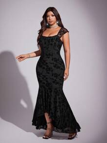 Viva Relle 大码女式弹力紧身优雅派对/生日/场合美人鱼蕾丝网眼吊带裙，适合秋冬夏季 - 黑色 - 查看 2