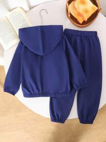 Young Boy Casual Cartoon Pattern Zip-Up Hoodie And Pants Set - Navy Blue - View 2