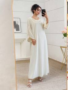 Yasmyna Váy Ả Rập thanh lịch cổ tròn tay loe rộng rãi thêu họa tiết cho nữ, mùa hè - Màu vàng - Xem 6
