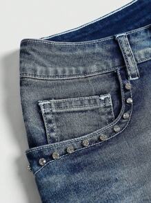 Betty Boop | ROMWE 复古千禧朋克超低腰超短刺绣手枪图案女式牛仔短裤 - 藍色 - 查看 3