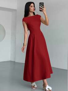 Firerie 女士优雅日常时尚新款度假喇叭腰 A 字中长连衣裙，黄色 - 酒紅色 - 查看 7