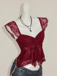 SHEIN ICON Women's Ruched Front Fitted Sexy Lace Patchwork Cap Sleeve Backless Casual Vacation Cropped Camisole Burgundy Lace Top - Burgundy - View 9