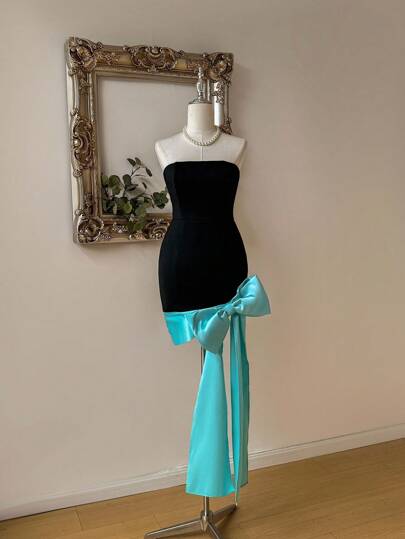 SHEIN Belle 優雅、時尚、迷人的黑/玫瑰紅色緞面無肩帶裙子，大蝴蝶結裝飾，褶皺和高腰設計，完美適用於音樂節、假期、畢業典禮、返校、下午茶、約會、派對、雞尾酒等。