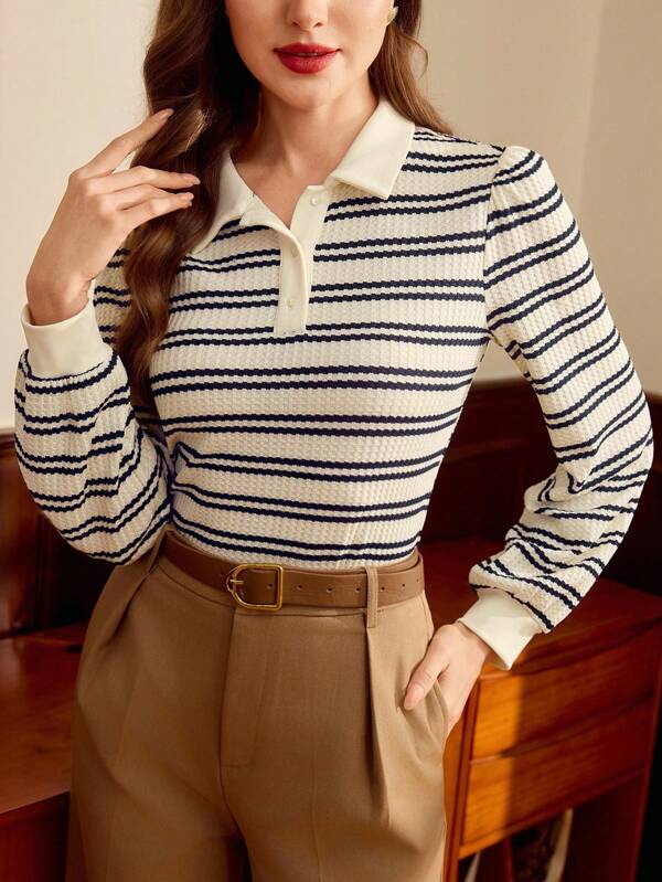Vintamour Vintage Elegant Women Polo Collar Striped Contrast Texture Long Sleeve Casual Vacation Top Teacher For Women Fall For Women Fall Women Vacation Woman Going Out Tops Women Winter For Women Business Casual Woman Office For Women Fall For Women Country Concert Christmas Church Women Fall Women Fall Tops Old Money Style Women Classy For Women Airport