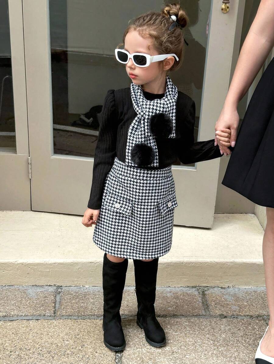 2pcs Young Girls Houndstooth Skirt & Stand Collar Knit T-Shirt Set, Fashion Outfit For Winter - Black - View 1