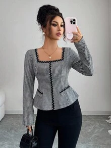 Selianne 淑女织就优雅浪漫的方领衫 - 黑色 - 查看 1