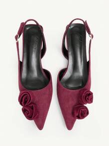 CUCCOO CHICEST Women's Elegant Romantic Suede-Like Pointed Toe Kitten Heel Pumps, Wine Red Floral Rose Design, Suitable For Formal Occasions, Weddings, Parties, Holidays - Burgundy - View 9