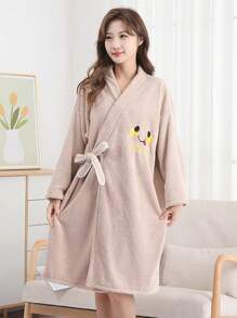 SHEIN Phụ nữ mặc áo choàng tắm có thể mặc váy tắm dài tay ren chéo bằng vải san hô dày kèm khăn tắm, phù hợp cho phòng tắm/phòng ngủ/phòng khách - Nhiều màu - Xem 8