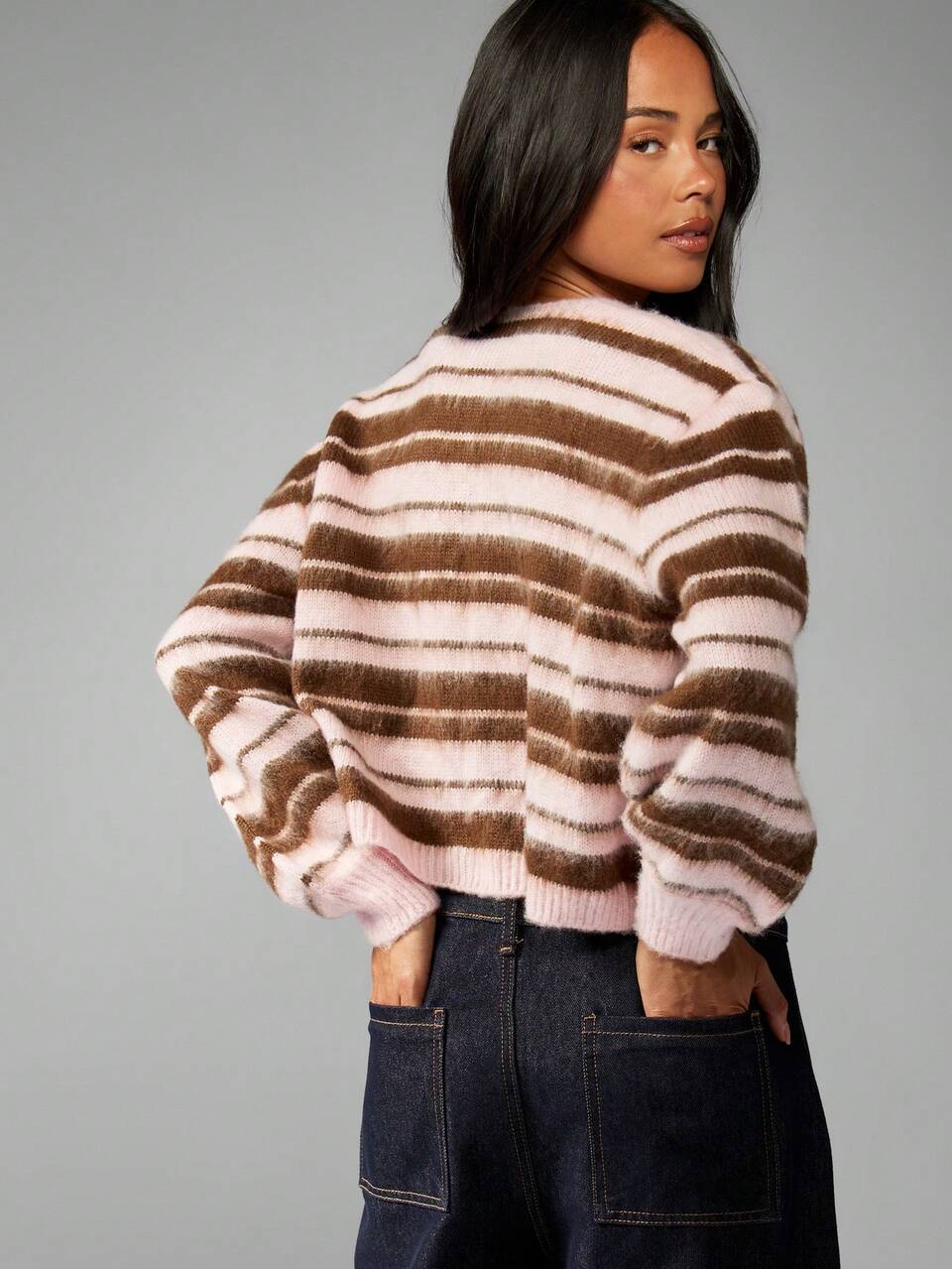 MISSGUIDED Striped Tie Front Loose Cardigan Fall Winter Fuzzy Knit Sweater Open Front Loungewear With Front Ribbon Closure Autumn Fashion Statement Piece