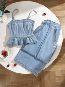 Comfortcana Women's Casual Denim Camisole & Wide Leg Pants Set Denim Two Piece Set Cute Two Piece Set Women Summer 2 Pieces Sets Casual Two Piece Set Petite Two Piece Set Going Out Outfits Fall Clothes For Women Autumn Outfits For Women Chic Women's Set Country Style For Women  Female Country Look - Medium Wash - View 3