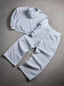 Manfinity EMRG Men's Casual Sports Street Letter Embroidery Half-Button Hoodie Shirt And Loose Wide-Leg Sweatpants Set - Light Grey - View 8