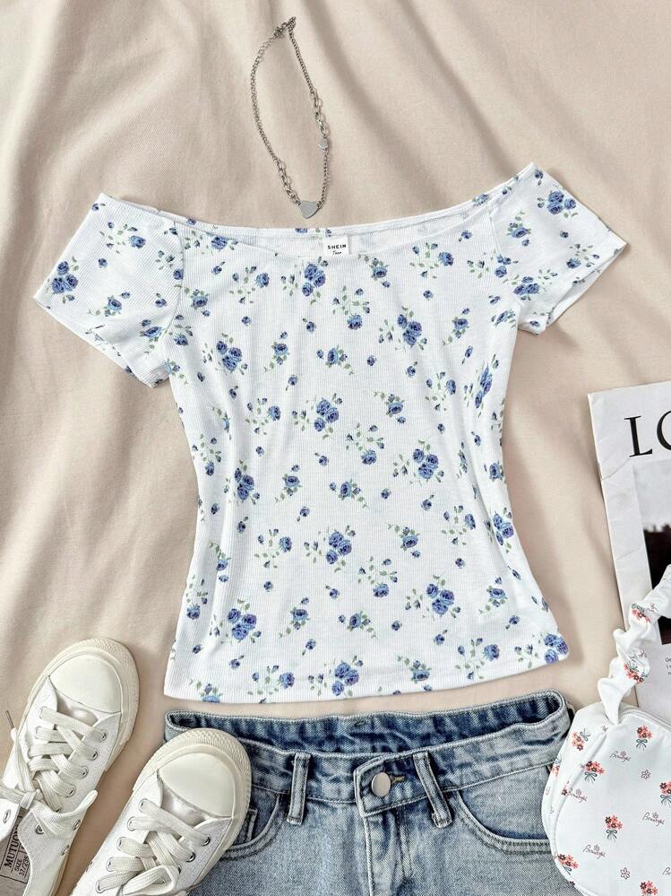 SHEIN 少女夏季白色花朵露肩休闲日常T恤，居家，学校花朵T恤 - 藍白色 - 查看 1