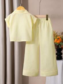 SHEIN Playful Pals 2pcs Girls Striped Lapel Sleeveless Cardigan And Straight Leg Pants Set Back To School School Clothes Summer Holiday - Yellow - View 2