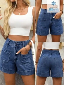 EMERY ROSE Fashionable Casual Versatile Button Pocket Women Denim Shorts - Blue - View 1