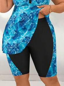 Swim Vcay Plus Size Women Digital Print Patchwork Mid-Length Boardshorts Swimwear, Beach Party Holiday Bikini Bottom For Summer Beach Vacation - Black - View 4