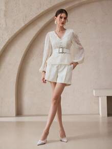 Modelyn 女士时尚浪漫优雅V领仿珍珠长袖衬衫 - 杏色 - 查看 6