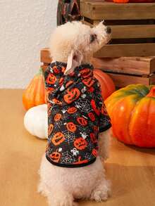 PETSIN 一件宠物万圣节南瓜蜘蛛连帽法兰绒连帽衫 - 彩色 - 查看 3