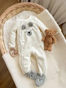 Newborn Baby Boy Autumn/Winter Cute Cartoon Embroidery 3D Ear Snap Front Cozy Plush Fleece Footed Romper Jumpsuit Outfit - White - View 6
