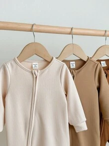 男宝宝舒适纯色圆领长袖前拉链柔软睡衣连体衣