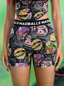 MADBALLS X SHEIN 女士黑色全印花卡通图案骑行短裤，酷炫百搭，适合休闲、万圣节、哥特风、秋季、返校季、外出、万圣节服装、返校节、秋冬季等各种场合。 - 黑色 - 查看 3