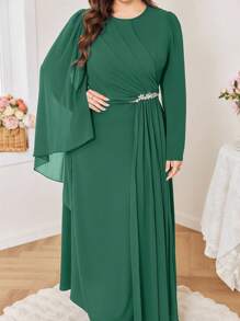 Modelyn 大码女式优雅水钻装饰修身腰部圆领派对连衣裙 - 綠色 - 查看 5