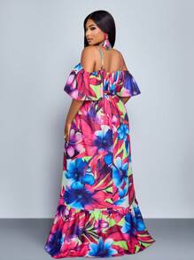 SOLERSUN Plus Size Spring And Summer New Style Lotus Leaf Edge Short Sleeve Lacing Pleated Loose Floor A Hanging Shoulder Dress Elegant Leisure Vacation Sexy Plant Flower Fashion Women's Clothing - Hot Pink - View 2