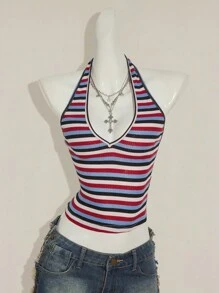 SHEIN ICON Sexy Deep V-Neck Rainbow Striped Tight Camisole - Multicolor - View 4