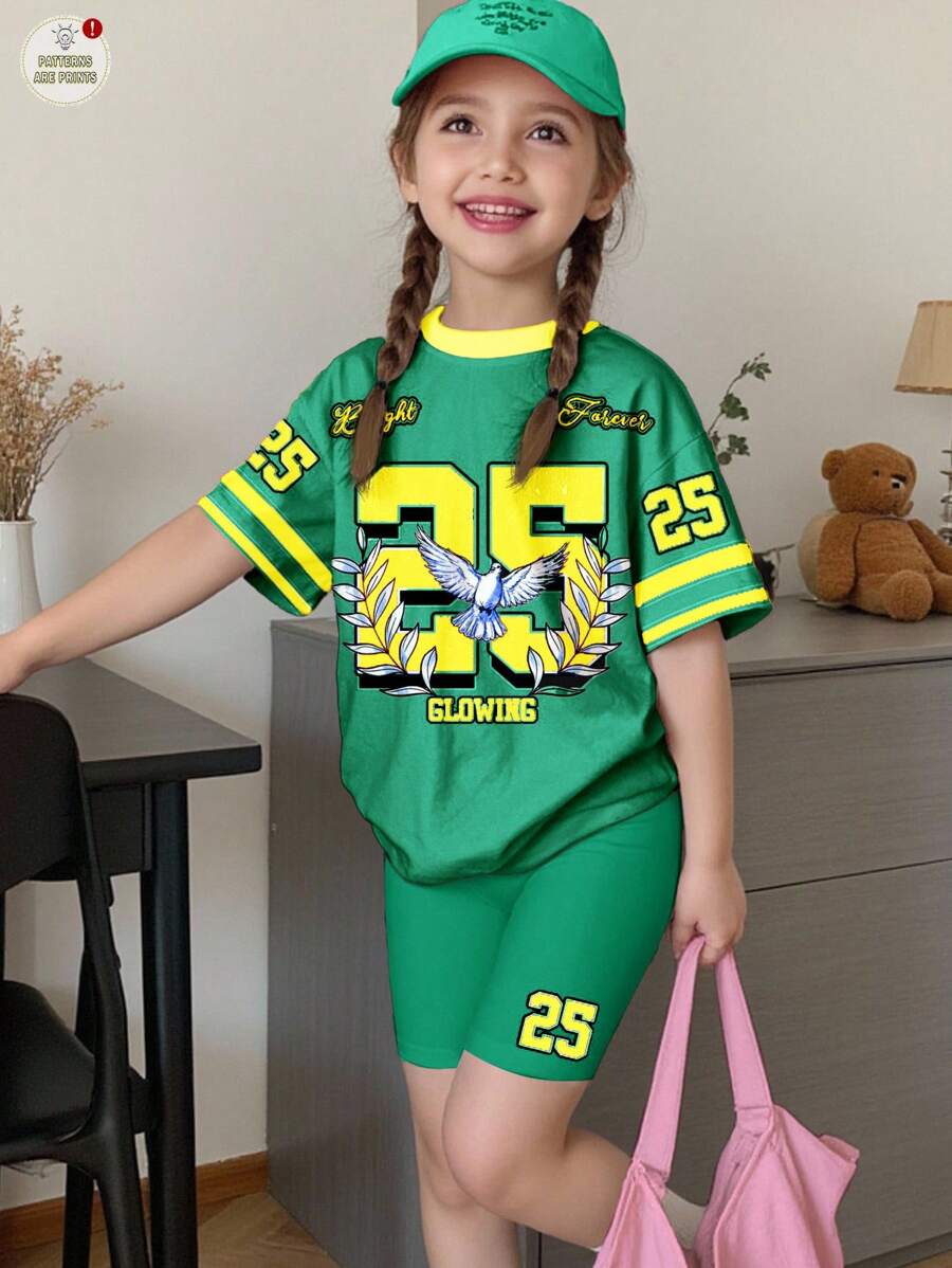 SHEIN 2pcs/Set Young Girl Casual Minimalist Short Sleeve Top And Shorts Set, Suitable For Summer - Multicolor - View 1