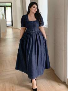 Dazy Plus 深洗蓝色方领短袖长款牛仔连衣裙，夏季 - 深色水洗藍 - 查看 4