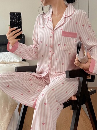 Striped Heart Print Lapel Collar Pink Button Up Top & Pants Pajama Set, Fall Winter Clothes Cozy And Elegant Details Women Pajama Set Pink Pajama Set Heart Pajama Set Striped Pajama Set Button Up Pajama Set