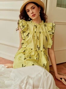 SHEIN Clasi 2025 Summer French Ruffle Collar Ditsy Floral Short Sleeve Blouse,Yellow Boho Tea Party Holiday,Suitable For Dates,Outings,Vacations,Banquets,Weddings - Yellow - View 5