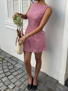 MainGRL Women's Cotton Casual Gingham Backless Sleeveless  Round Neck Mini Dress For Vacation, Red & White,Going Out, Outfits ,Country Concert Outfit - Red and White - View 5