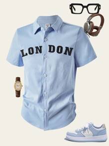 SHEIN Explorewe 1pc Tween Boy Light Blue Shirt Oxford Letter Print Short Sleeves Small Lapels Casual School Back-To-School Summer Street Spring Autumn Fit Shirt - Baby Blue - View 1