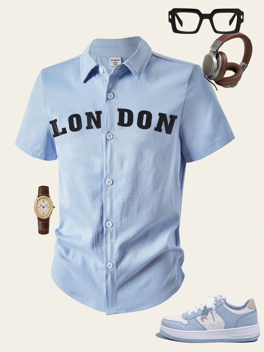 SHEIN Explorewe 1pc Tween Boy Light Blue Shirt Oxford Letter Print Short Sleeves Small Lapels Casual School Back-To-School Summer Street Spring Autumn Fit Shirt - Baby Blue - View 1