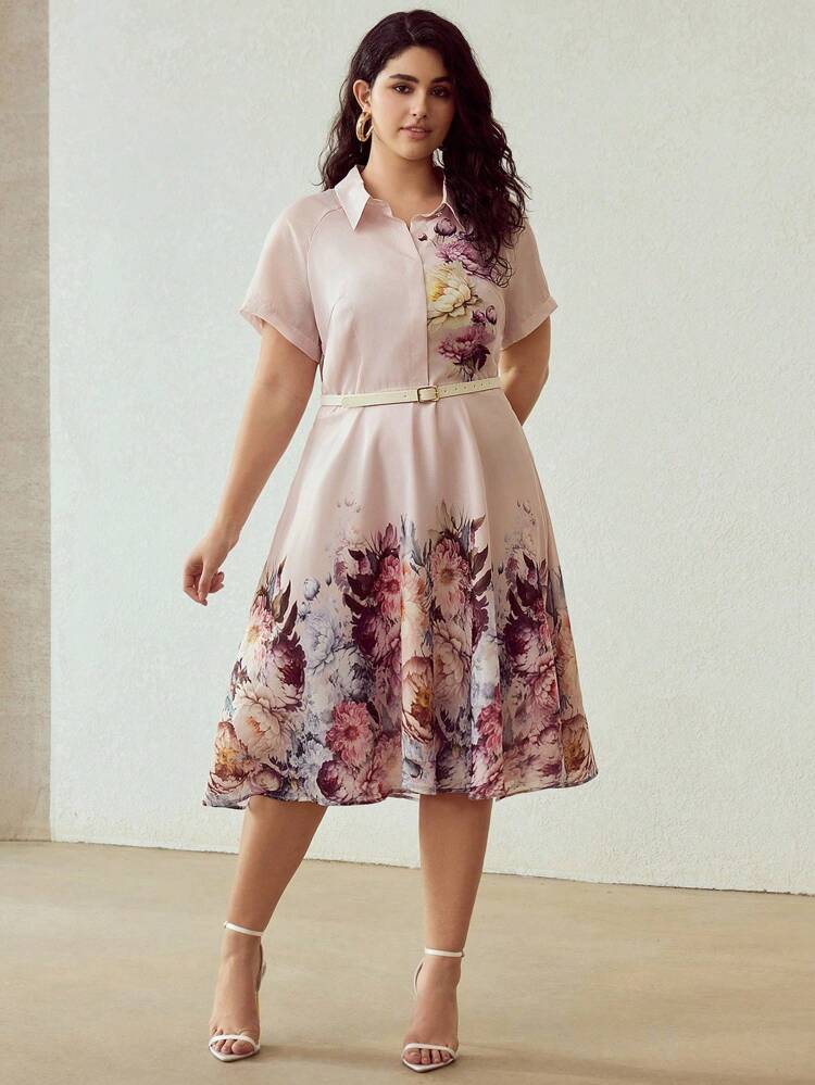 플러스플러스 사이즈 여성용 포지셔닝 프린트 셔츠 칼라 텐셀 블렌드 미드 기장 드레스 벨트 포함