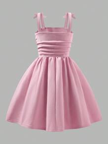 Elladie kids Tween-Mädchen Elegantes, einfarbiges Kleid mit plissierten Schleifenträgern, geeignet für Ausflüge, Partys und Veranstaltungen im Frühling/Sommer