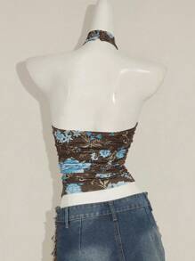 SHEIN ICON Y2K 夏季外出波西米亚西部乡村音乐会女式性感露背花卉印花挂脖上衣，夏季 - 棕色 - 查看 2