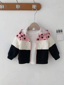 SHEIN Babygirl Fashion Design Cute Color Matching Girl Heart Pattern Textured Fabric Hooded Jacket, Comfortable And Soft Fabric Cares For Baby's Skin, Warm And Practical, Suitable For Autumn And Winter, Is The First Choice For Mothers Shopping, Versatile - Multicolor - View 6