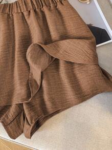 GlowEve 2件套女士不对称荷叶边下摆优雅上衣和裤子套装 - 咖啡棕 - 查看 7