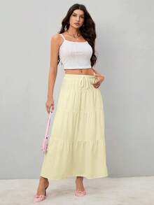 SHEIN Tall 女士纯色高腰系带荷叶边下摆长裙 - 黃色 - 查看 3