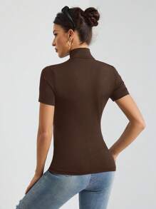 SHEIN Tall Women's Solid Color Basic Black Turtleneck Short-Sleeved T-Shirt - Brown - View 2