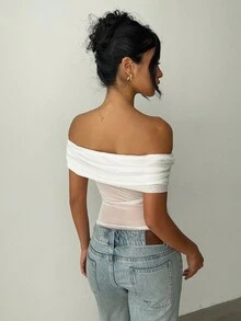 Aloruh Áo cánh trễ vai màu trắng xếp ly thêu thời trang nữ - trắng - Xem 2