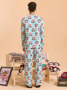 Paul Frank X SHEIN Men's Comfortable Striped Cute Cartoon Monkey Pattern Top And Pants Pajama Set, Fall Clothes